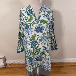 Roberta Roller Rabbit Floral Cotton Kurta Tunic S Green Blue Read V-Neck Whimsy
